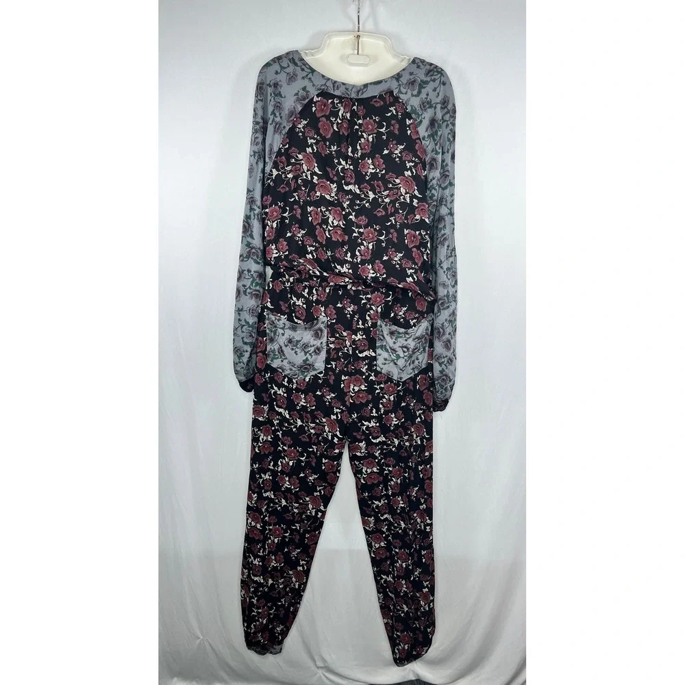 Free People Floral Jumpsuit Long Sleeve Drawstring Waist Casual Size S‎
